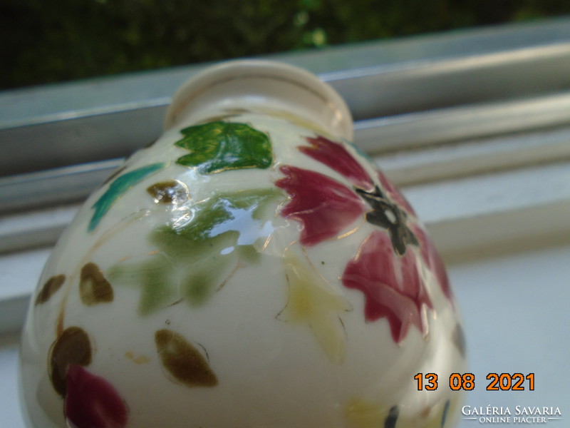 Antik Zsolnay jellegű, kézzel festett, kézzel is  számozott, virágos, pillangós majolika váza