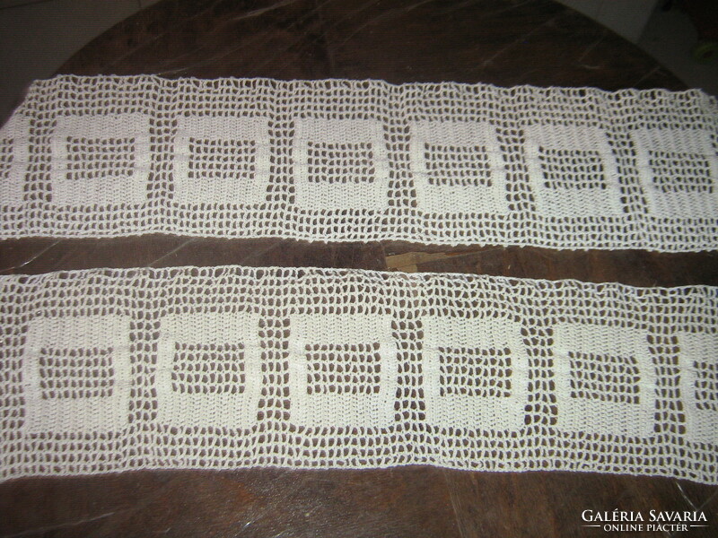 Pair of cute crocheted antique stained glass curtains or shelves