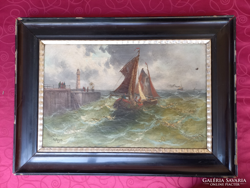 Festmény Tölgyes szignóval tájkép , tenger ,hajó