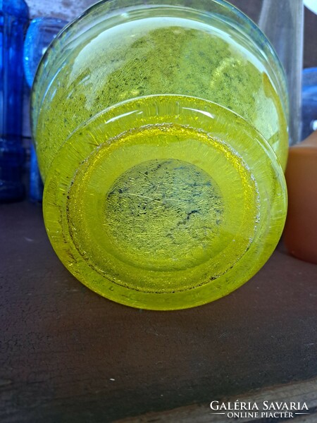 Gyönyörű  Fátyolüveg, karcagi,berekfürdői extra nehéz asztalközép kínáló tál pogácsás sárga