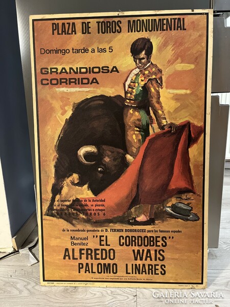 Fára kasírozott 1974-es bikaviadal plakát, 88x56x1 cm