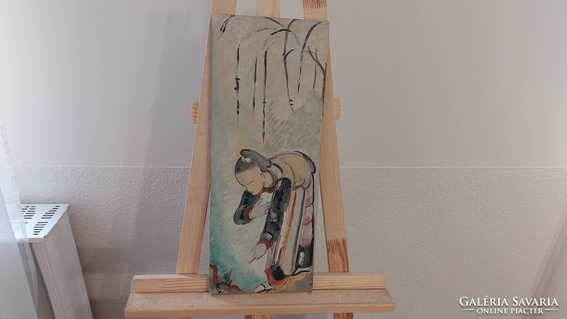 (K) Ázsiai jellegű festmény 51x20 cm kerettel