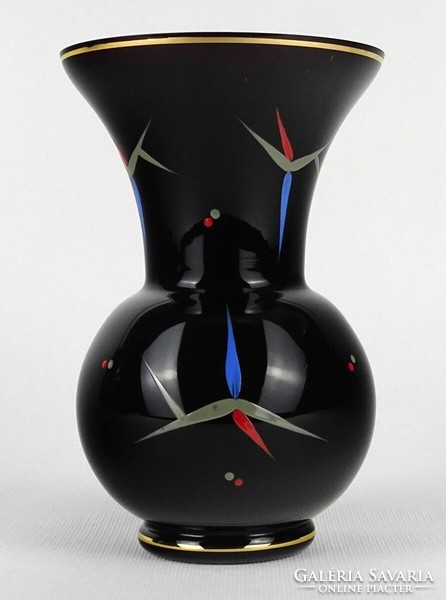 1N497 Régi kézzel festett fekete üveg váza 16 cm