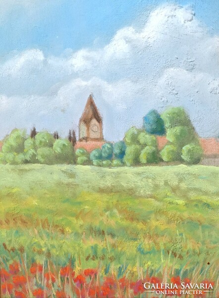 Serene landscape with poppies, special old pastel, no sign