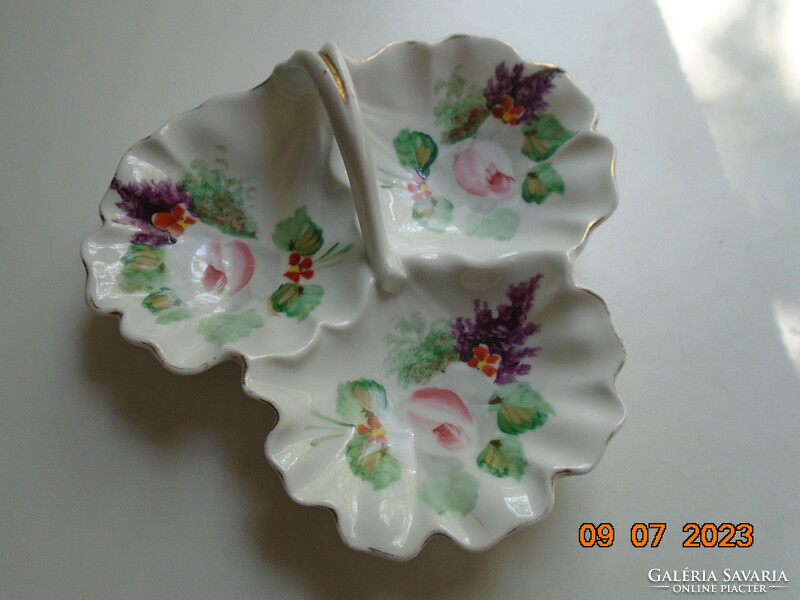 Antique hand-painted art nouveau 3-shell bonbonier with flower string tongs with rose and lavender pattern