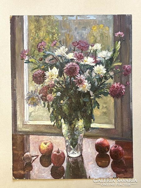 Flower and fruit still life in front of the window oil wood fiber painting 52 x 70.5 Cm