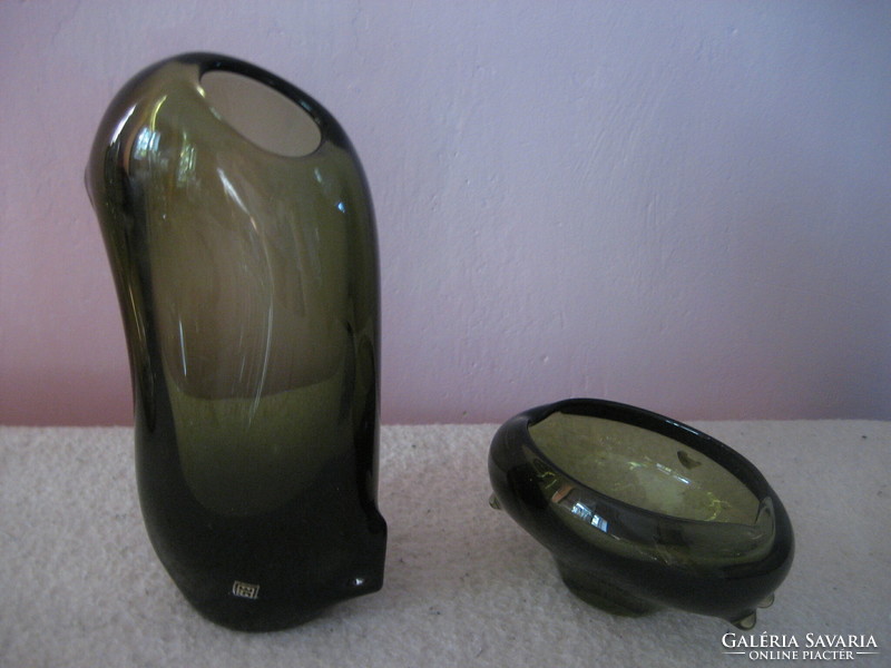 Old Czechoslovakian glass vase and ashtray