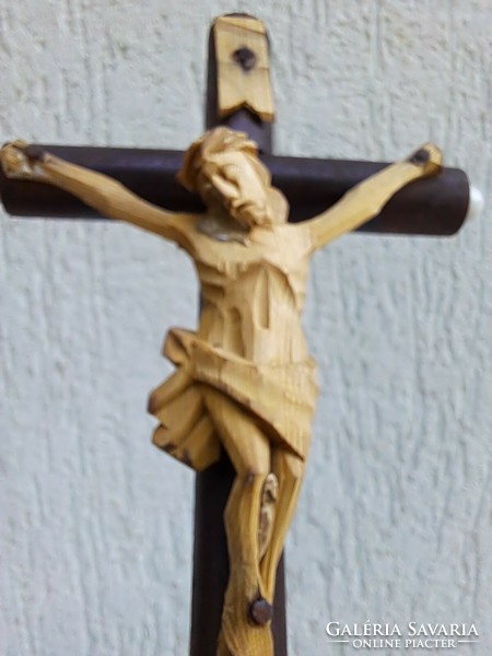 Antique wooden cross, crucifix, body, home made of carved wood from the 1800s. Jesus Christ.