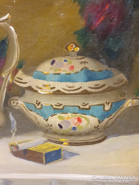 Asztali csendélet porcelánokkal, olajfestmény, blondel képkeretben