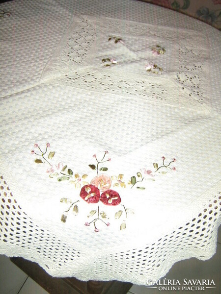 Beautiful ecru tablecloth with a special lace edge with hand-embroidered ribbon