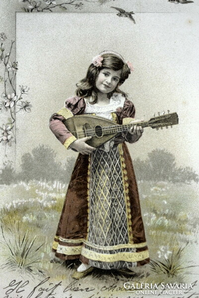 Antik A&M B grafikus  litho képeslap kisleány mandolinnal