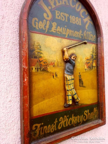 Antik festett reklámtábla domborműves faragvánnyal, J. Peacock Golf Equipment 1881, keretezve