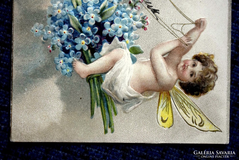 Antik dombornyomott üdvözlő  képeslap tündérke pillangó fogaton nefelejcs