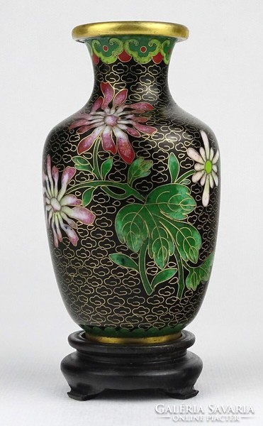 1N547 old oriental fire enamel vase on a wooden plinth 12 cm