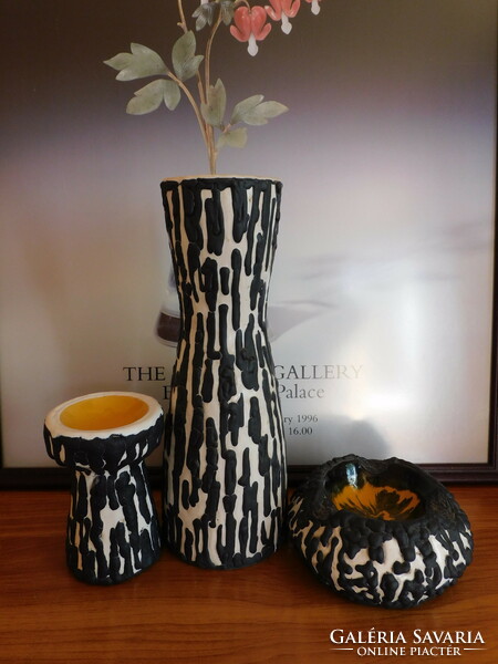 Király  - iparművész retro kerámiacsalád - váza, hamutál és gyertyatartó