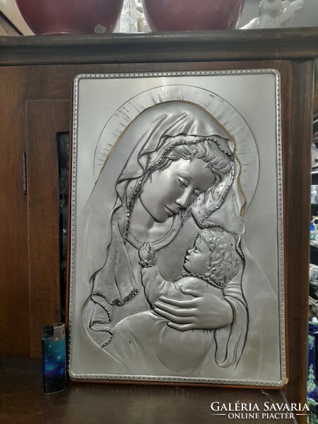 Nagyméretű Ezüst 925 Madonna Gyermekével Domborgyomott Kép,Szentkép.