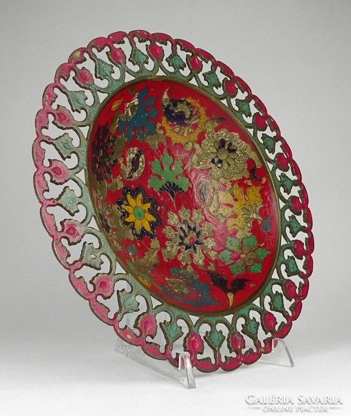 1N534 Nagyméretű festett színes indiai réz asztalközép kínáló tál 24.5 cm