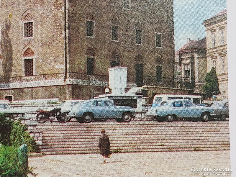 Régi képeslap Pécs Széchenyi tér fotó levelezőlap régi autók