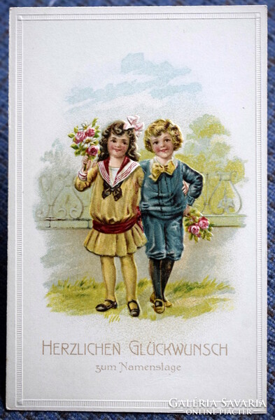 Antik dombornyomott Névnapi üdvözlő litho képeslap gyerekek rózsacsokorral
