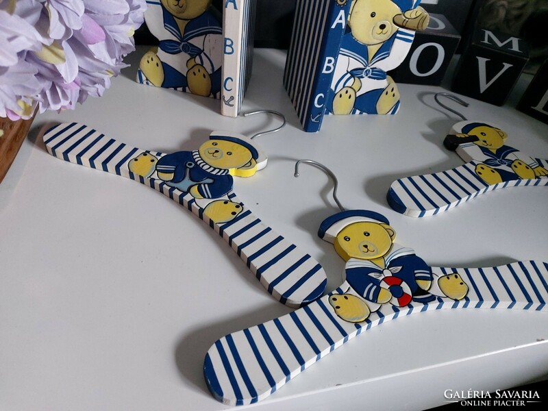 Sailor teddy bear set, a pair of hand-painted bookends and 3 children's coat hangers