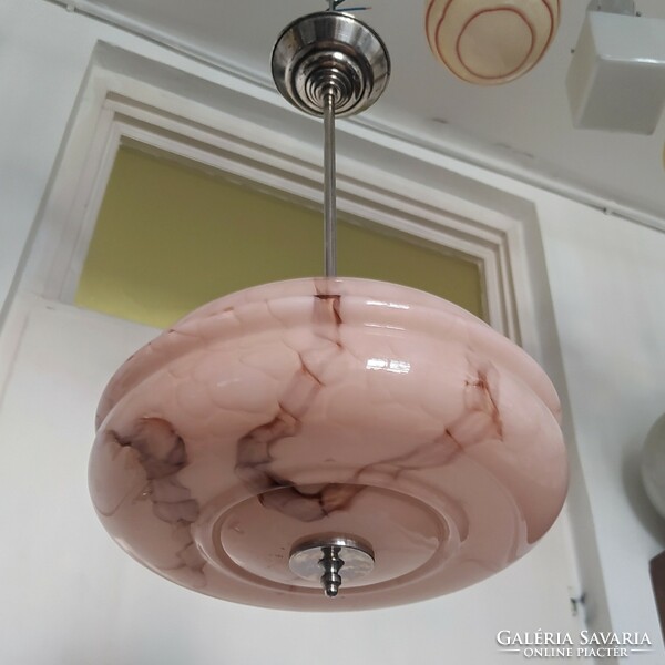Art deco ceiling lamp renovated - marbled pink shade with a special shape