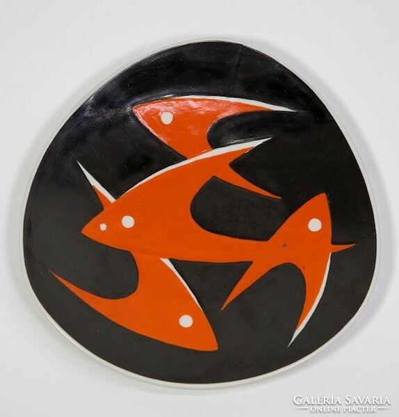 Rare Zsolnay modern triangular bowl: black János, 1959 - 50752