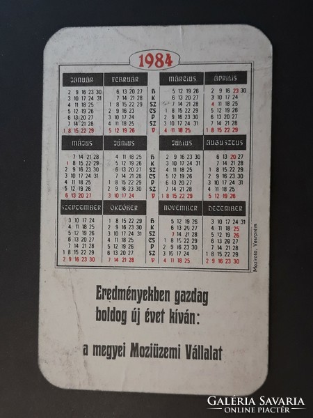 Kártyanaptár 1984 - Megyei Moziüzemi Vállalat feliratos retró, régi zsebnaptár