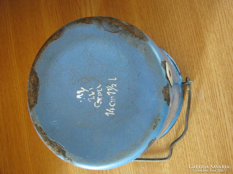 Csepel enamel jug with handle, old nostalgia piece of farmhouse decoration - damaged