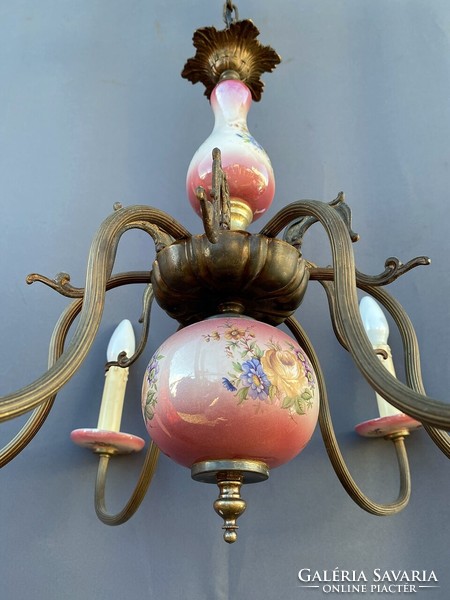 Majolica, majolica antique floral painted chandelier.