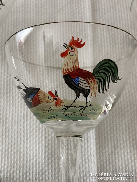 Antique hand-painted rooster-stemmed glasses (3 pcs.)