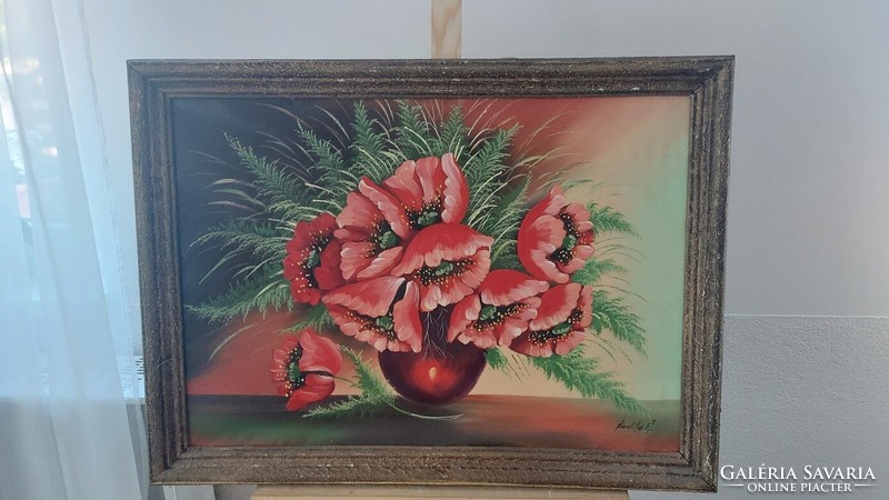 (K) beautiful flower still life painting with poppies 76x56 cm with frame