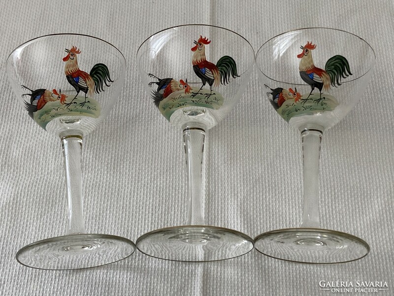 Antique hand-painted rooster-stemmed glasses (3 pcs.)
