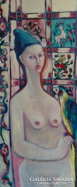 Nude, young lady in front of a carpet with a garden pattern (darmo year 2022)