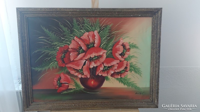 (k) Szép pipacsos virágcsendélet festmény 76x56 cm kerettel