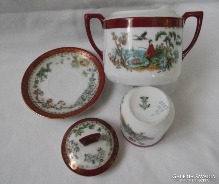 Altwasser, German porcelain, oriental, Madas, geisha pattern gilded sugar bowl, coffee, mocha set