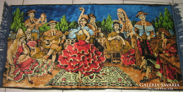 Meseszép antik vintage stílusú jelenetes spanyol rojtos bársony falvédő / szőnyeg