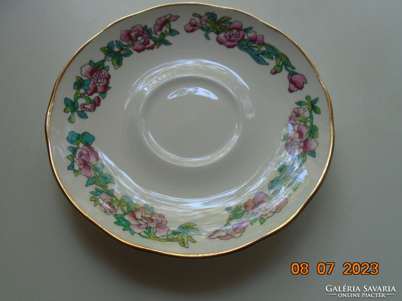 Újszerű Fenton antik angol finom porcelán színes virágmintás tányér arany peremcsíkkal
