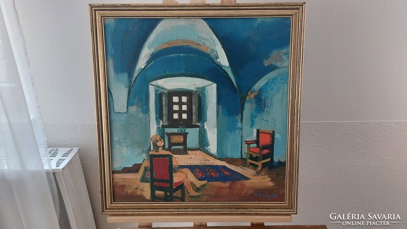 (K) b. Painting by Mária Séday 53x56 cm with frame (female nude in interior)