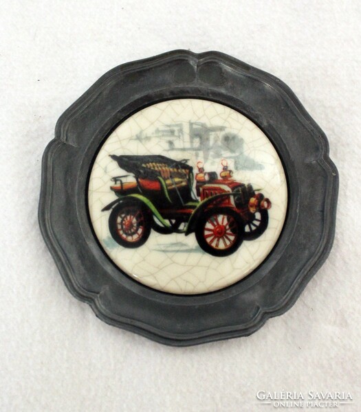 2 wall pewter baby plates with car porcelain insert