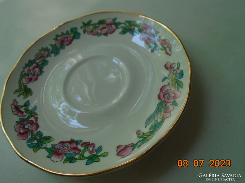 Újszerű Fenton antik angol finom porcelán színes virágmintás tányér arany peremcsíkkal