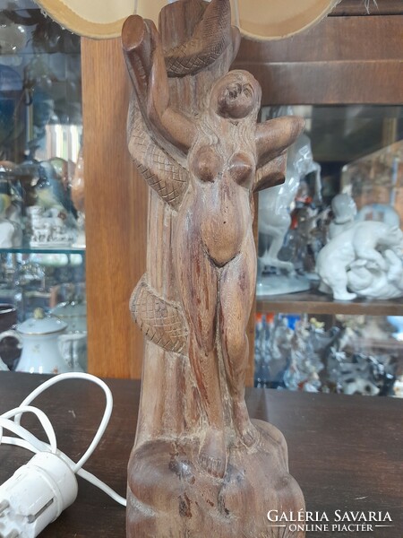 Wood carved nude, Eve table lamp with snake. 58 Cm.