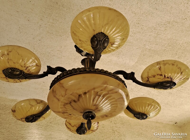 Beautiful art deco bronze chandelier. Original glasses. Video too!