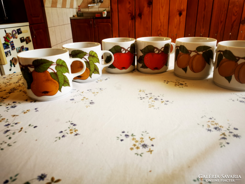 6 Alföld porcelain in-house factory mugs with fruit patterns, grape, peach, apple pattern