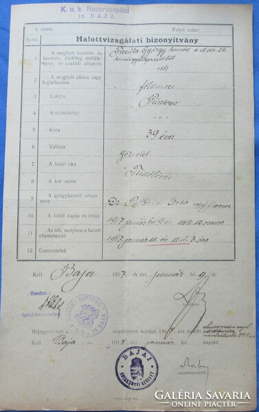 I. Vh katona halottvizsgálati bizonyítványa 1917 K u K Reservespital in Baja