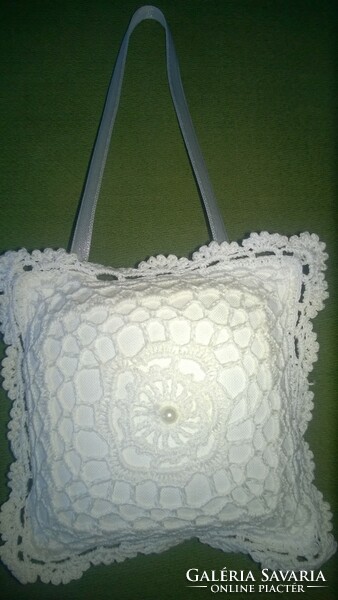 Crochet decorative pillow-cushion with pearls-on a cabinet key, anywhere
