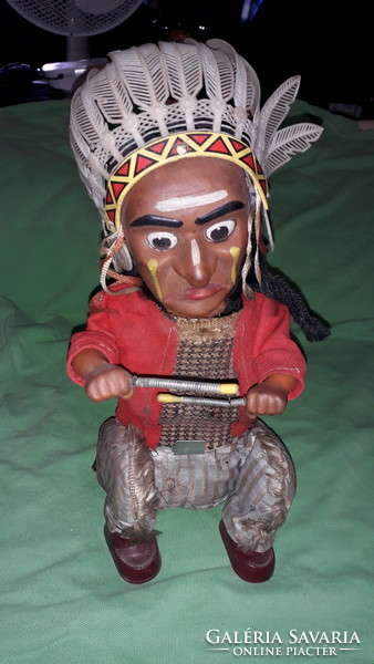 Vintage metal plate sheet goods and plastic figure sitting drummer indian joe toy 30 cm according to the pictures