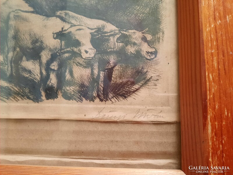István Szőnyi: oxen request - original marked etching from 1925