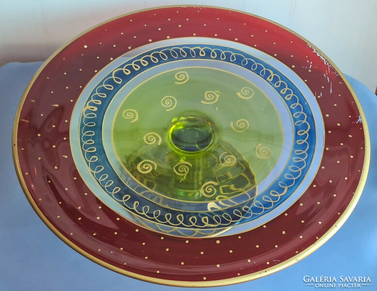 Art deco colorful painted glass cake plate, serving plate, centerpiece