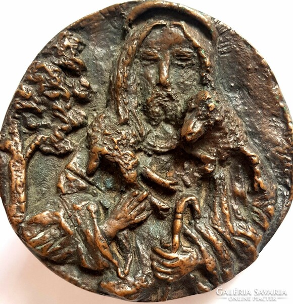 Gyönyörű Jézus a bárányokkal bronz plakett 12cm