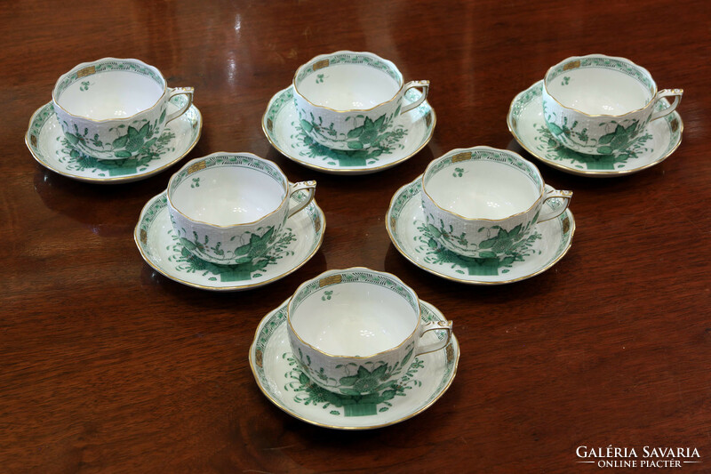 Herend green Indian basket pattern 6-person tea set | Indian basket tea fv